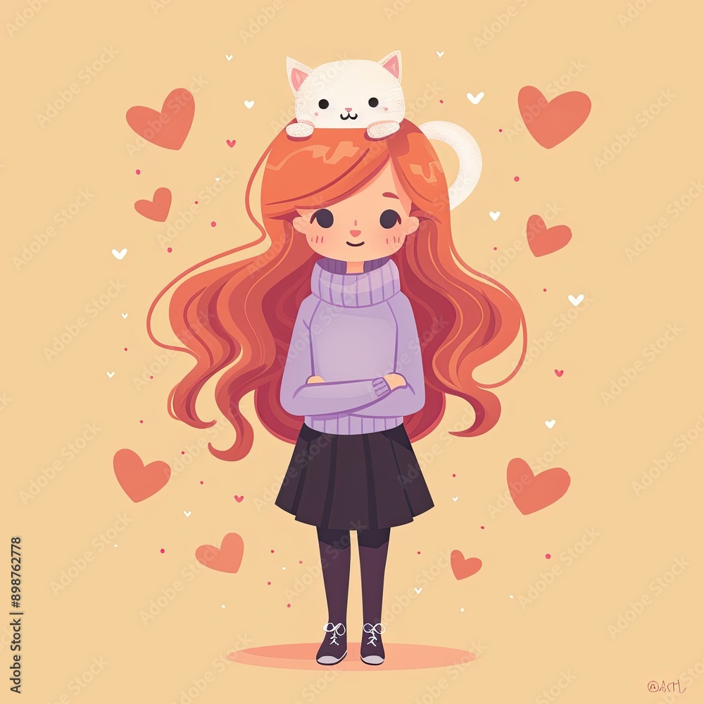 A cute girl with long red hair and a playful cat on her head surrounded by hearts, conveying warmth and affection. A cute girl with long red hair and a playful cat on her head surrounded by hearts, conveying warmth and affection.