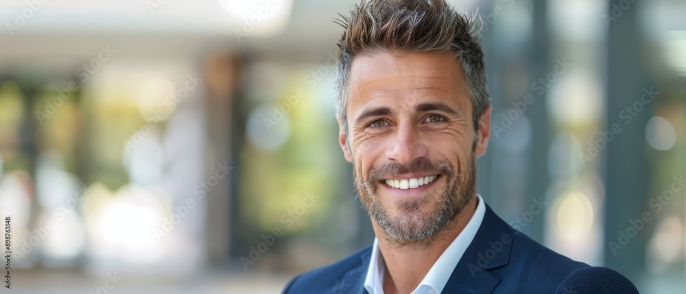 A person in a suit, smileing directly at the camera, background featuring a softly blurred building A person in a suit, smileing directly at the camera, background featuring a softly blurred building