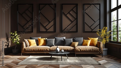 Contemporary living room, dark brown wall, five black frames diagonal pattern, photo