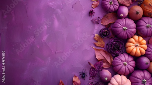 Photo of purple background with pumpkins and flowers on the right side, copy space concept