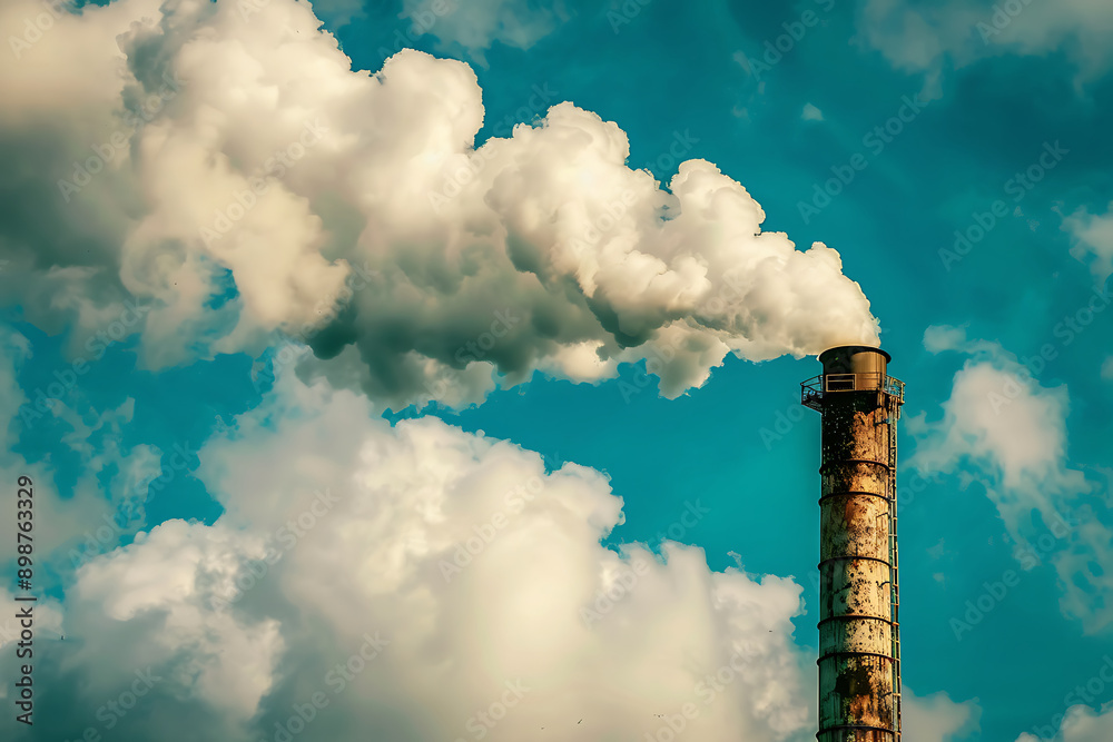 A smokestack with thick white clouds of steam rising against the sky, symbolizing air pollution and global warming A smokestack with thick white clouds of steam rising against the sky, symbolizing air pollution and global warming