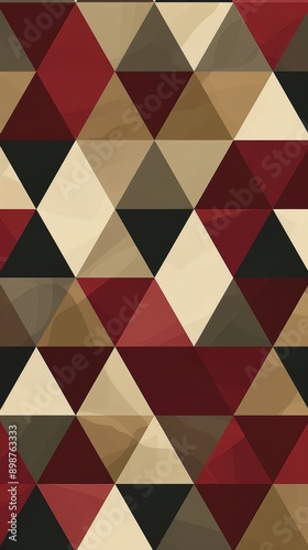 A vibrant geometric pattern featuring triangular shapes in rich red, black, beige, and brown tones, perfect for modern design.
