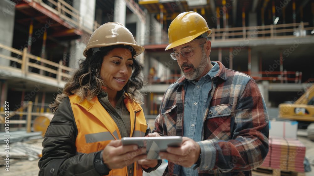 A man and a woman are standing in front of a construction site A man and a woman are standing in front of a construction site