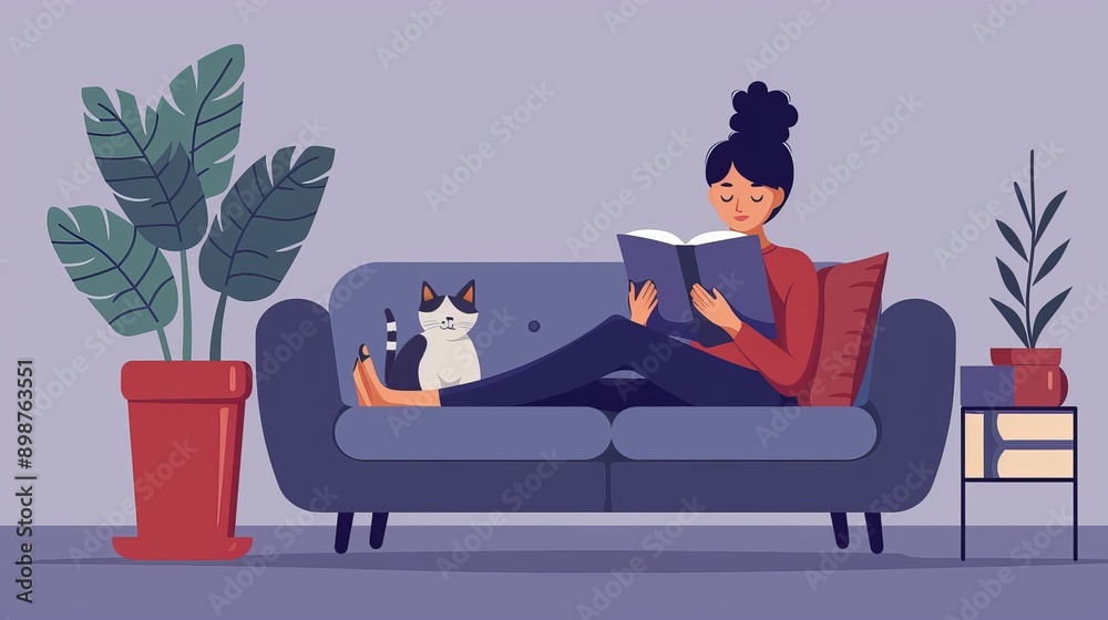 A woman relaxes on a sofa with a cat while reading a book, surrounded by indoor plants in a cozy living space. A woman relaxes on a sofa with a cat while reading a book, surrounded by indoor plants in a cozy living space.