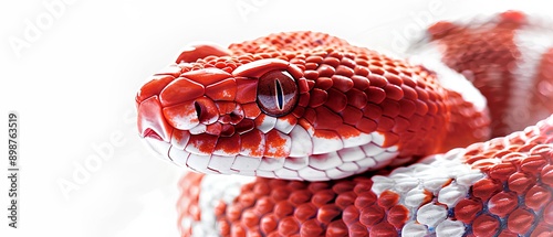 A red snake, white background, close-up photography of its head and body, showing the scales clearly