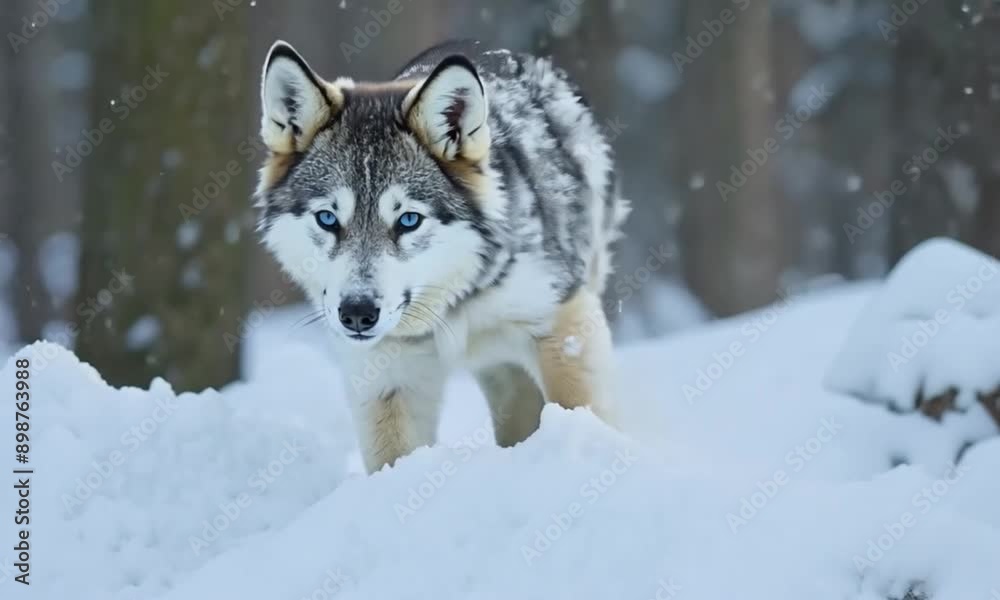 Blue-Eyed Wolf Walking in Snowy Forest Blue-Eyed Wolf Walking in Snowy Forest