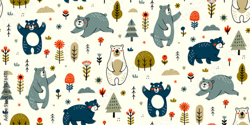 Cute bears in a whimsical forest seamless pattern with trees and flowers.