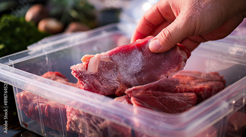 Uma mão tira carne congelada de um recipiente de plástico transparente com bifes crus. photo