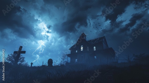 A spooky haunted house stands under a stormy sky, illuminated by a bolt of lightning, with a cemetery and a mysterious figure in the foreground. The image evokes concepts of fear, mystery, isolation, 