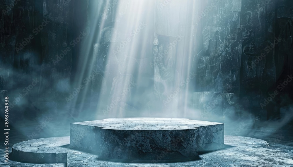 Stone pedestal in a mystical, dark, and foggy environment with a spotlight. Stone pedestal in a mystical, dark, and foggy environment with a spotlight.