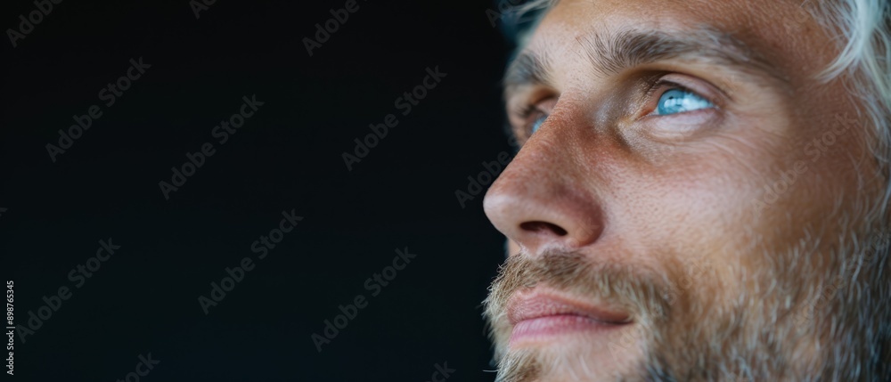 A man with a beard and blue eyes gazes seriously into the distance in this close-up image A man with a beard and blue eyes gazes seriously into the distance in this close-up image