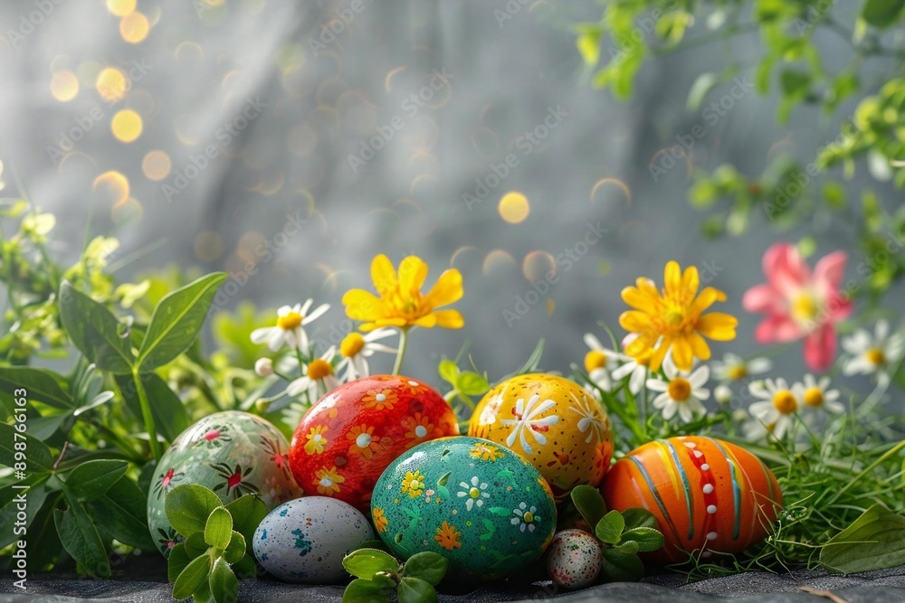 Tranquil Easter Display: Colorful Eggs Amongst Spring Blooms on Minimalist Grey Background