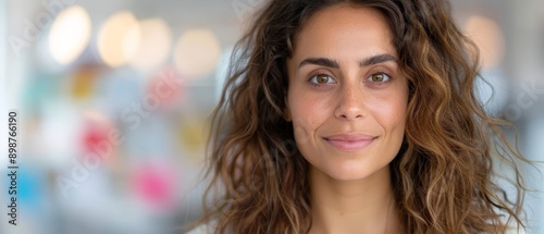  A woman's face, tightly framed, with a softly blurred backdrop of a wall behind her