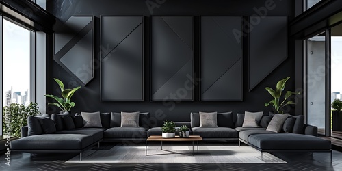 Contemporary living room, black walls, five black frames diagonally aligned, photo