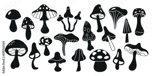 Mushrooms set. Black silhouette of mushrooms on a white background. Whimsical cute mushrooms. Autumn set of hand drawn cute design elements. Fall, Thanksgiving Day, Autumn season.	