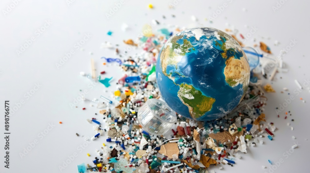 Miniature model of planet earth is drowning in a pile of plastic trash symbolizing global pollution.