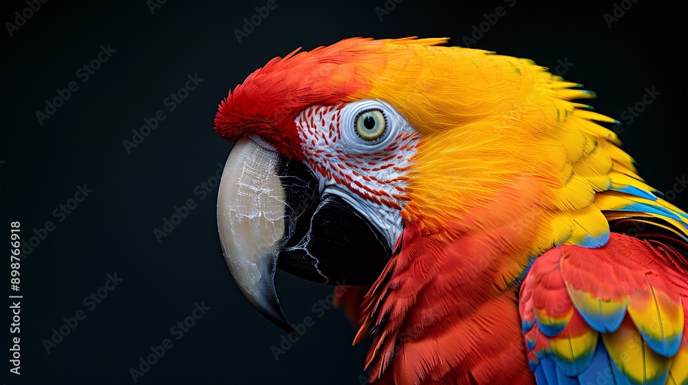 Naklejka premium A colorful parrot with vibrant red, yellow and blue feathers against a black background in a close-up shot, focusing on the detailed texture of its beak