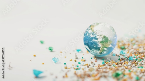 Transparent globe showing north and south america is laying on a white surface covered with microplastics. Pollution concept. Copy space