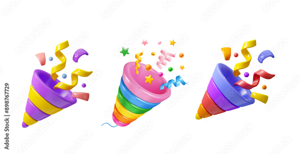 3D Party popper emoji with explosion confetti. Birthday surprise ...