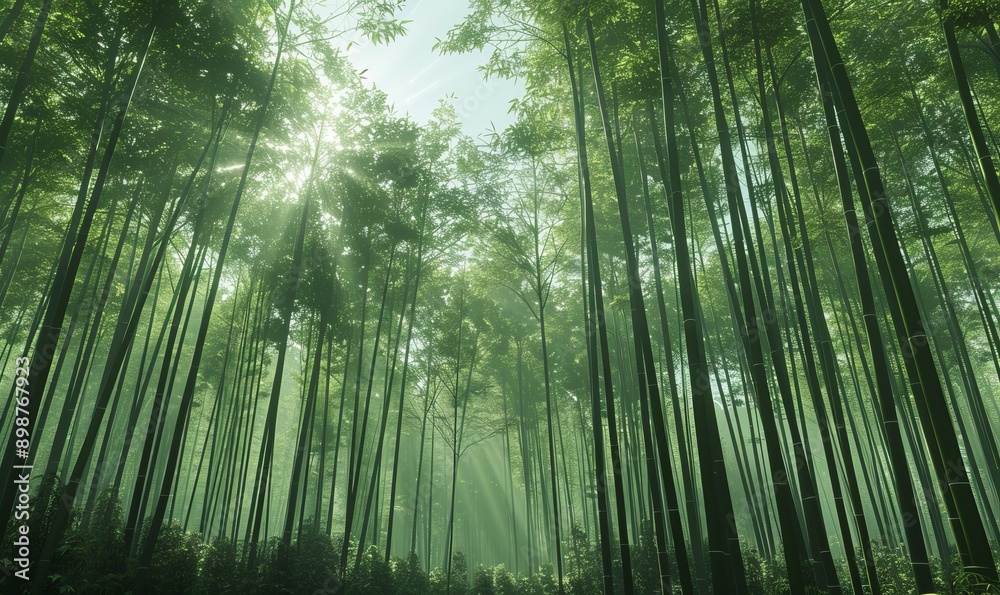 Serene bamboo forest with tall, slender stalks creating a tranquil and harmonious environment Serene bamboo forest with tall, slender stalks creating a tranquil and harmonious environment