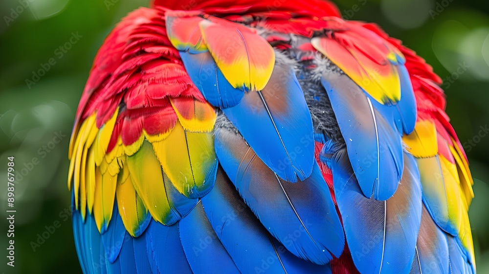 Fototapeta premium Close-up of colorful parrot feathers, showing reds and yellows on the head and blue hues down to its tail