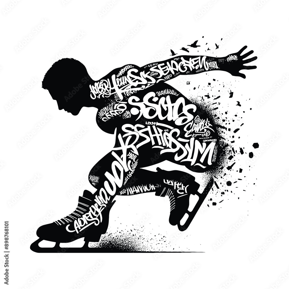 Figure Skating, ice skating male player in graffiti tags, street art pattern illustration, emblem shield badge Figure Skating, ice skating male player in graffiti tags, street art pattern illustration, emblem shield badge