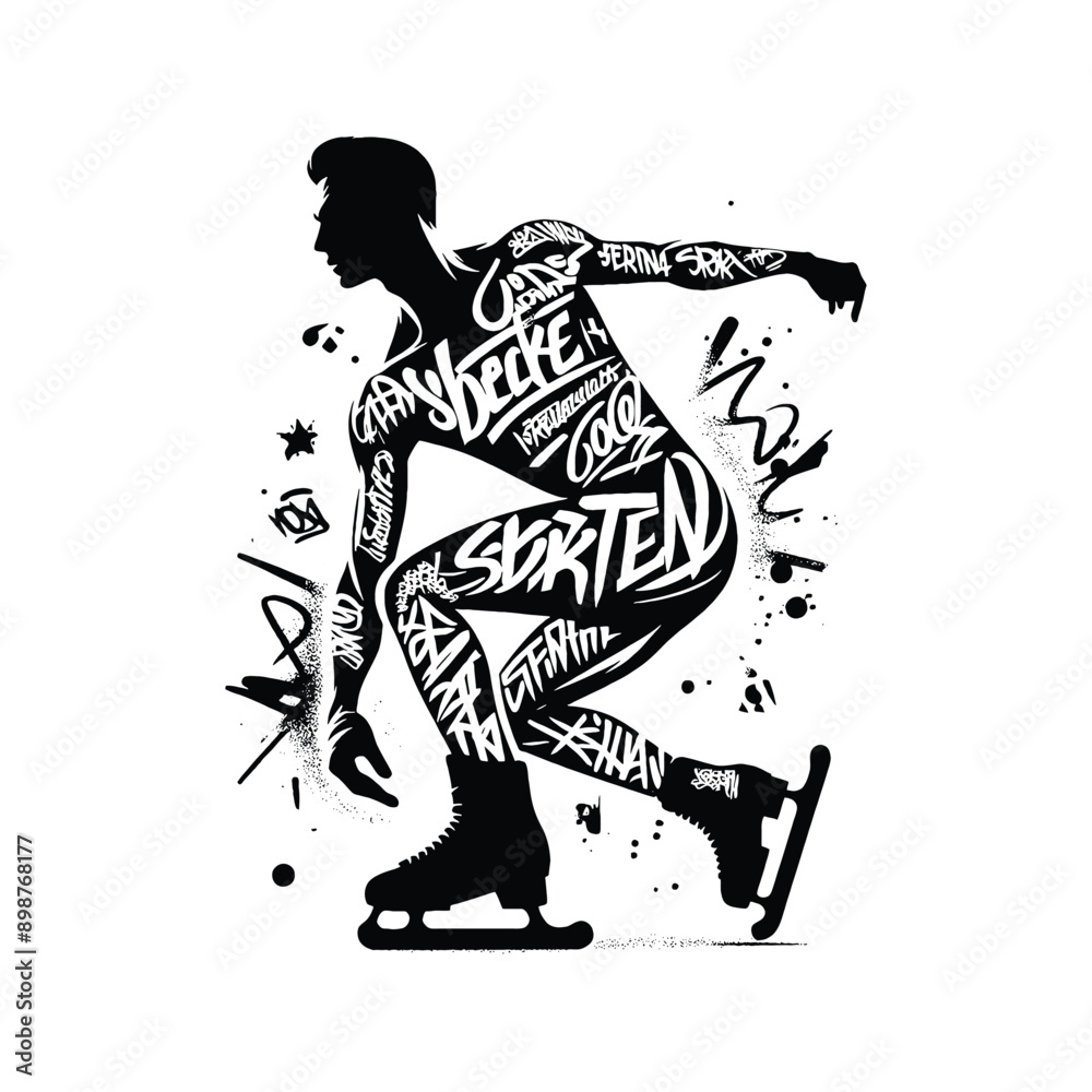 Figure Skating, ice skating male player in graffiti tags, street art pattern illustration, emblem shield badge Figure Skating, ice skating male player in graffiti tags, street art pattern illustration, emblem shield badge