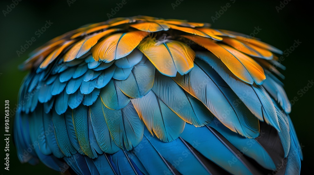 Obraz premium Close-up of the back feathers of a parrot, showing vibrant blue and yellow hues against a dark background. The focus is on capturing intricate details in the feather texture in the style of the artist