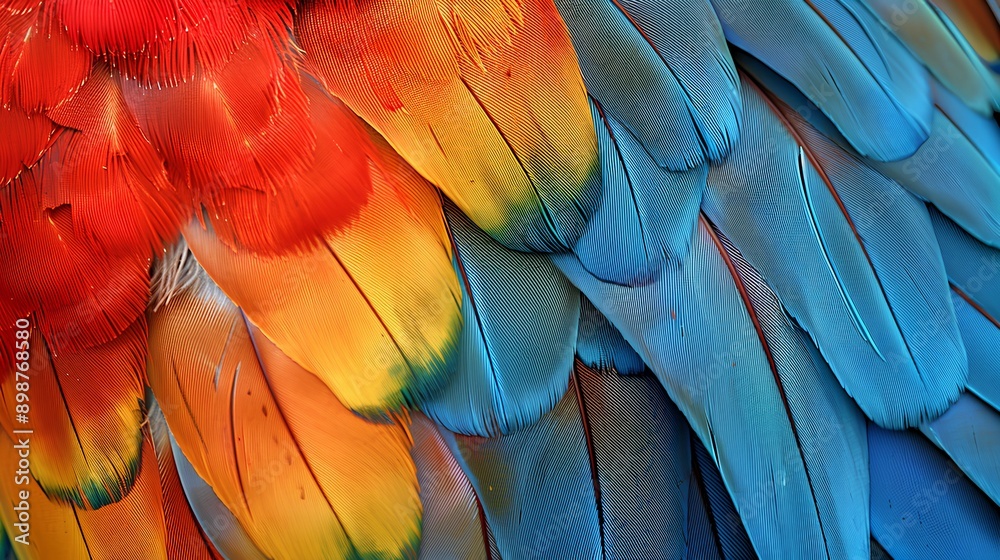 Obraz premium Close-up of colorful parrot feathers, showing the intricate patterns and textures in high definition in the style of nature