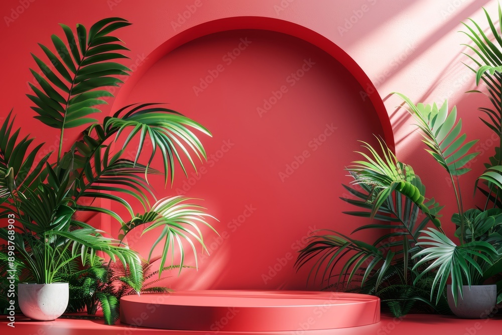 3d render of podium with tropical leaves in lush setting against red background 3d render of podium with tropical leaves in lush setting against red background