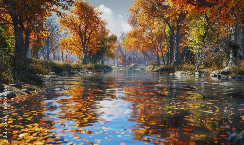 Fototapeta premium Autumn river scene with fiery tree reflections, serene and picturesque