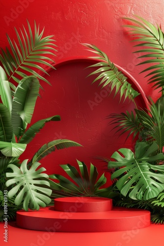 Contemporary 3D render of podium with tropical leaves against bold red background © Georgii