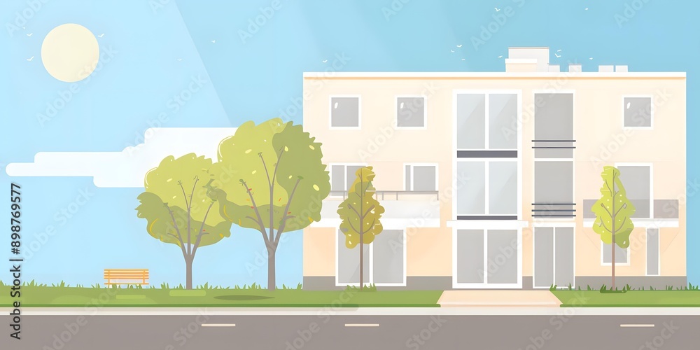 Illustration of a Modern Building with Trees and a Bench Illustration of a Modern Building with Trees and a Bench