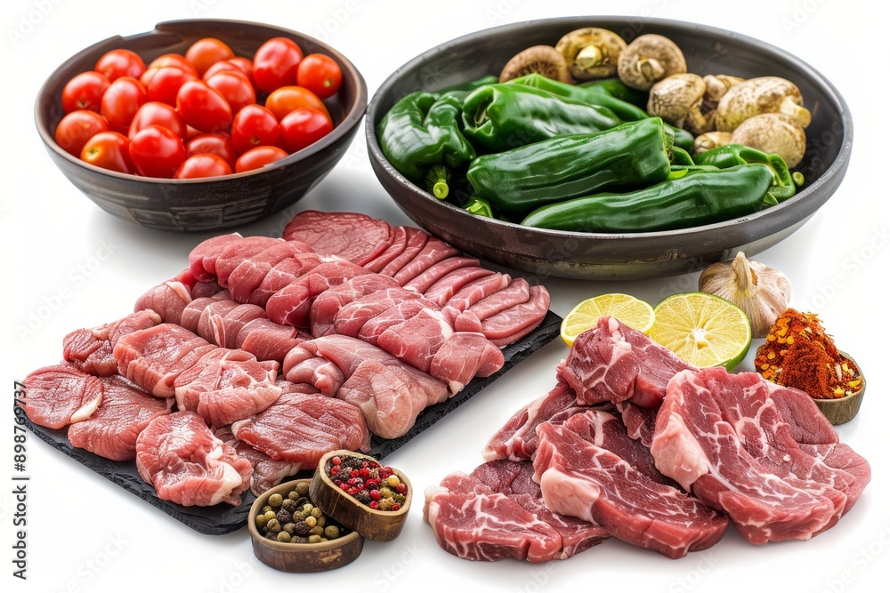 Fresh ingredients for a meal including tomatoes spinach mushrooms and raw meat emphasizing natural and wholesome cooking Fresh ingredients for a meal including tomatoes spinach mushrooms and raw meat emphasizing natural and wholesome cooking