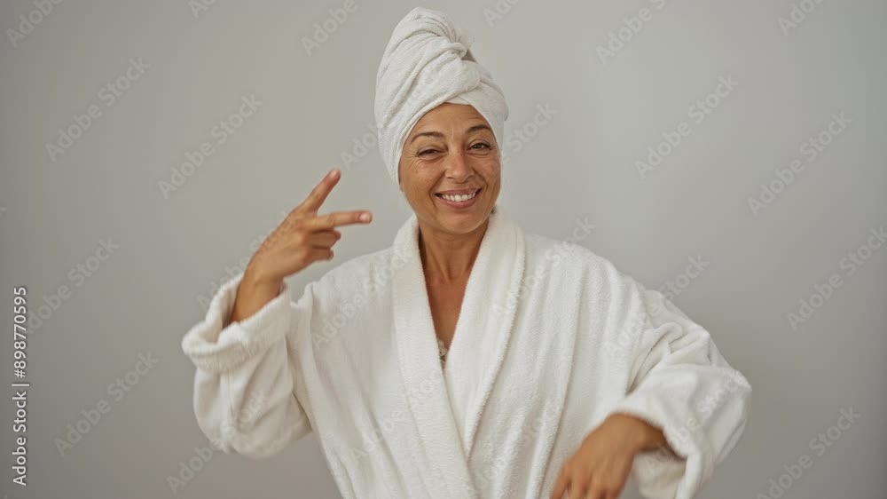 Middle age woman wearing bathrobe and towel, smiling with happy face, showing victory sign with two fingers, positive and cheerful, over isolated white background Middle age woman wearing bathrobe and towel, smiling with happy face, showing victory sign with two fingers, positive and cheerful, over isolated white background