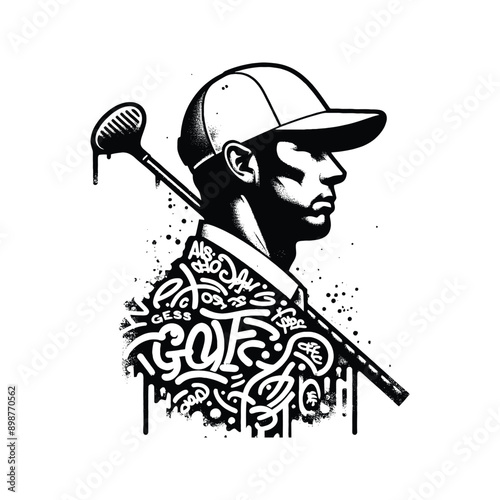 Golf  male player in graffiti tags, street art pattern illustration, emblem shield badge