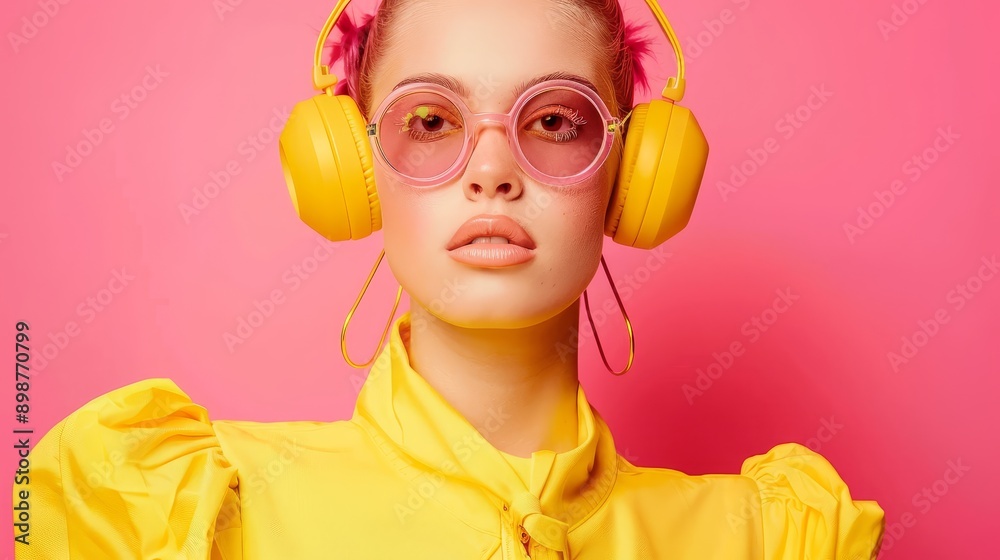 A young woman wearing yellow headphones and pink sunglasses listens to music with a serious expression. She is wearing a yellow shirt and is against a pink background. This image symbolizes youth, sty