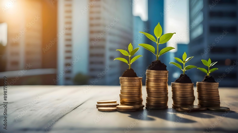 Business growth concept. Financial development in business, A collection of plants growing out of coin stacks on wooden table on blurred high-rise buildings background. Finance And Investment Concept Business growth concept. Financial development in business, A collection of plants growing out of coin stacks on wooden table on blurred high-rise buildings background. Finance And Investment Concept