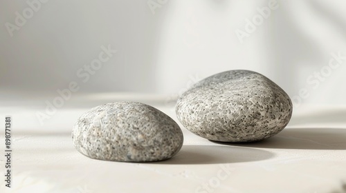 Double stone space for displaying products on a blurred white background with a blank area for design