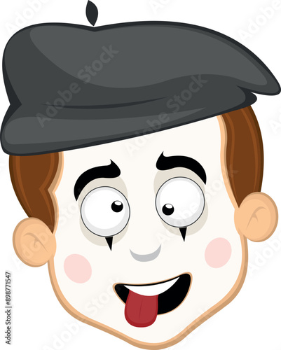 vector illustration face character of street artist mime cartoon, making crazy and funny expression, with squinty eyes and tongue sticking out