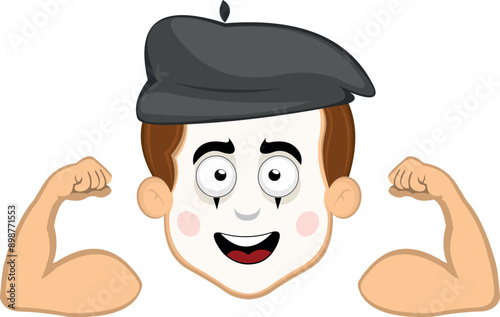 vector illustration face character of street artist mime cartoon, showing the biceps of the arms