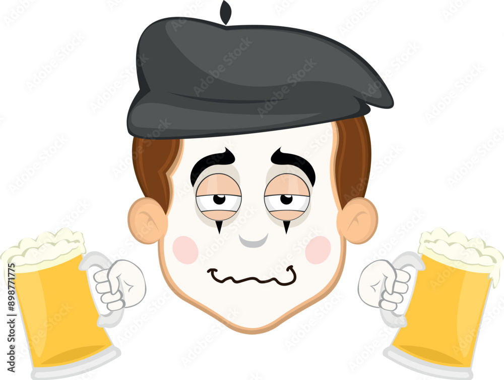 vector illustration face character of street artist mime cartoon, drunk with beers glasses in his hands