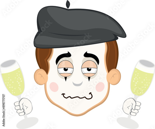 vector illustration face character of street artist mime cartoon, drunk with glasses of champagne or cider in his hands