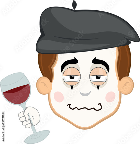 vector illustration face character of street artist mime cartoon, with a drunk expression and a glass of wine in his hand