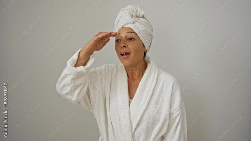 Woman wearing a towel and bathrobe, middle age beauty looking far away with a happy hand searching over an isolated white background Woman wearing a towel and bathrobe, middle age beauty looking far away with a happy hand searching over an isolated white background