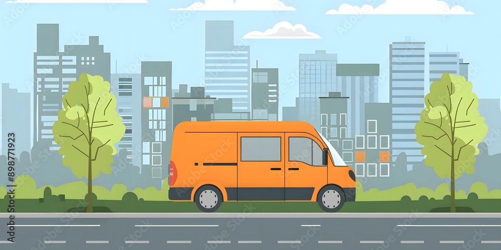 Orange Delivery Van Cityscape Illustration Orange Delivery Van Cityscape Illustration