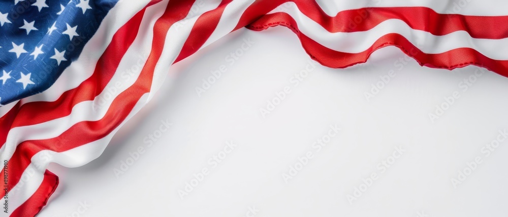 A red, white, and blue American flag against a white background with copy space in the bottom right corner A red, white, and blue American flag against a white background with copy space in the bottom right corner