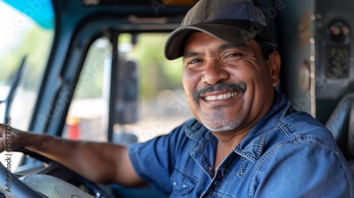 A cargo truck driver smiles while seated behind the wheel of his vehicle, his hand resting on the steering wheel