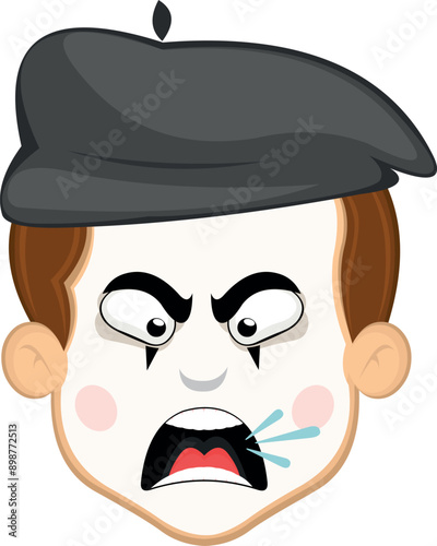 vector illustration face character of street artist mime cartoon, with an angry expression, talking and screaming