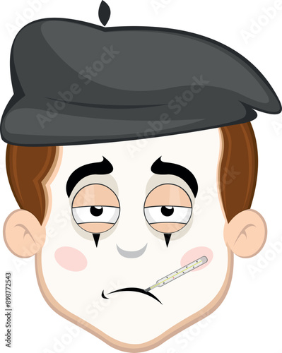 vector illustration face character of street artist mime cartoon, sick with a thermometer in his mouth